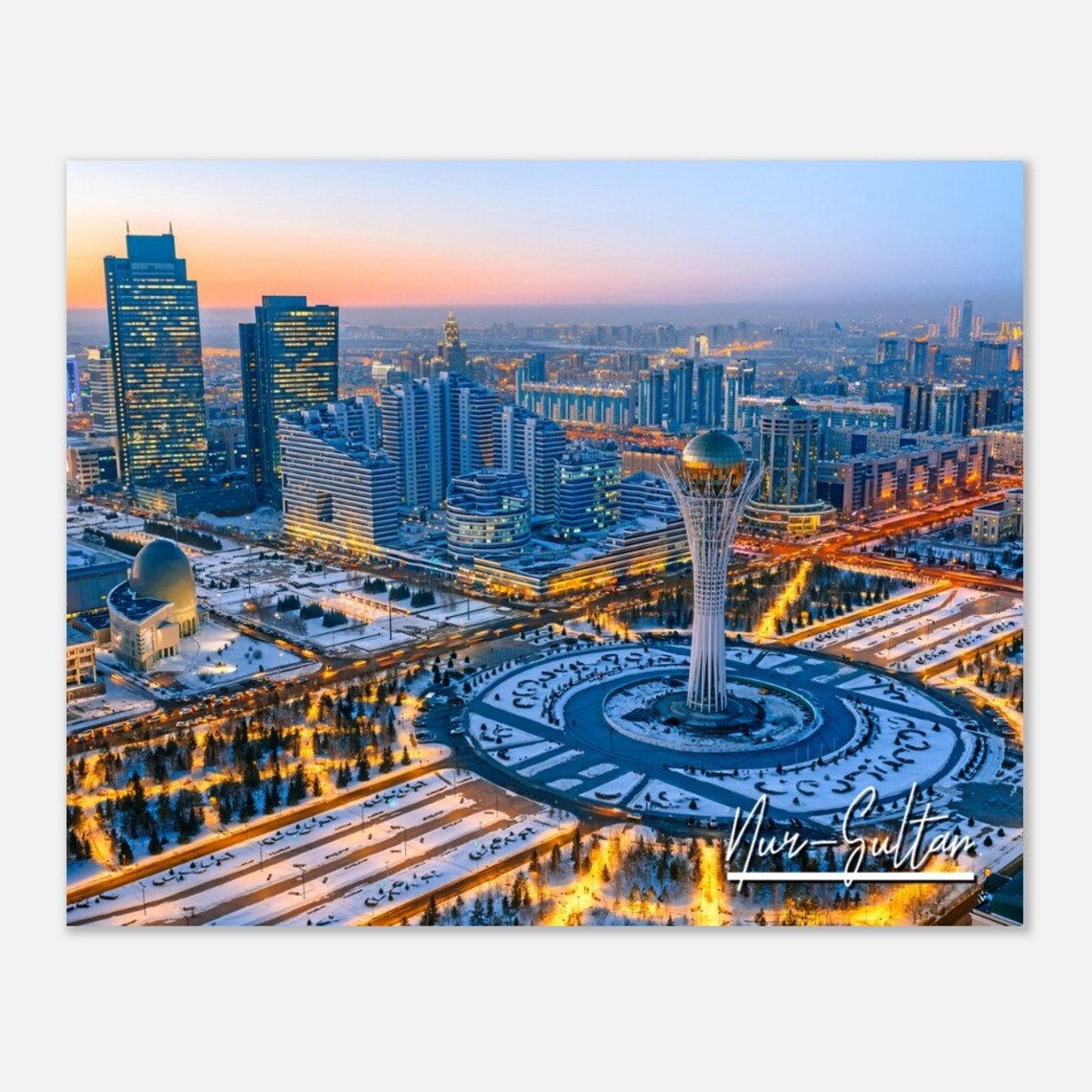 Nur-Sultan Winter Cityscape Bayterek Tower Night Lights Poster