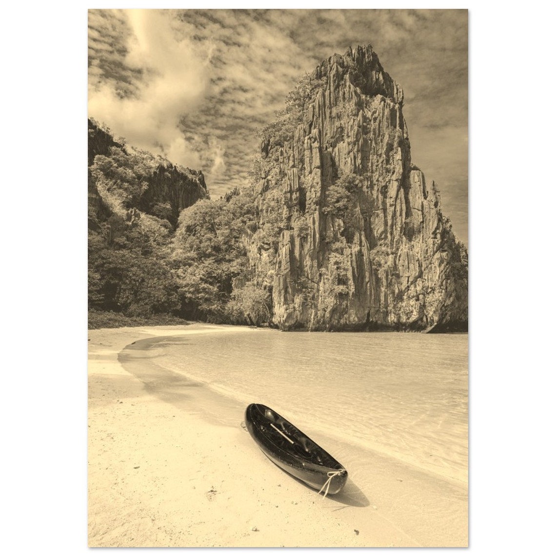 Palawan Philippines Limestone Cliffs Canoe Sepia Travel Poster Beach