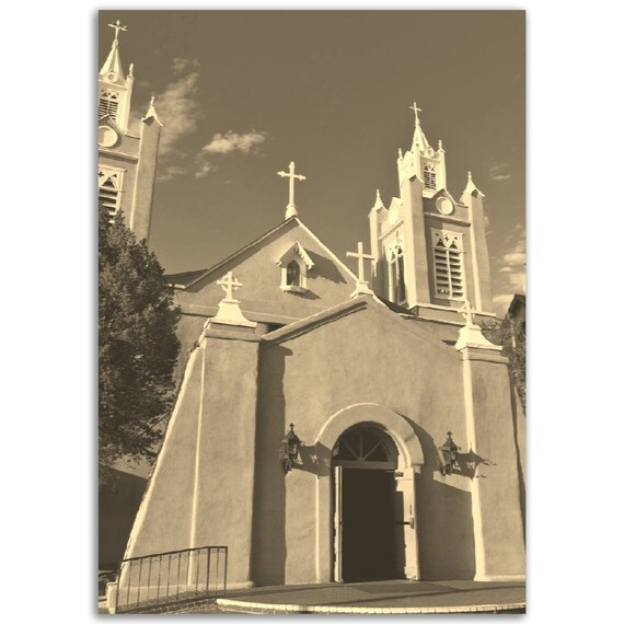 Vintage Sepia Adobe Church Twin Bell Towers Historic Travel Poster