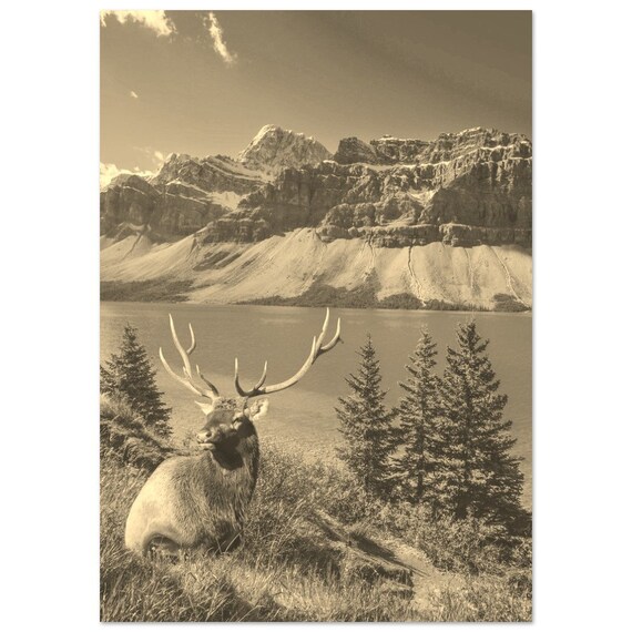 Vintage Banff Travel Poster Sepia Deer Print Mountain Home Decor