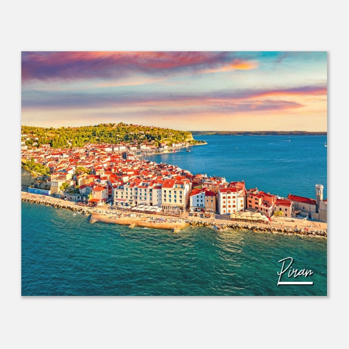 Piran Slovenia Coastal Town Poster With Sunset Aerial Travel Photo