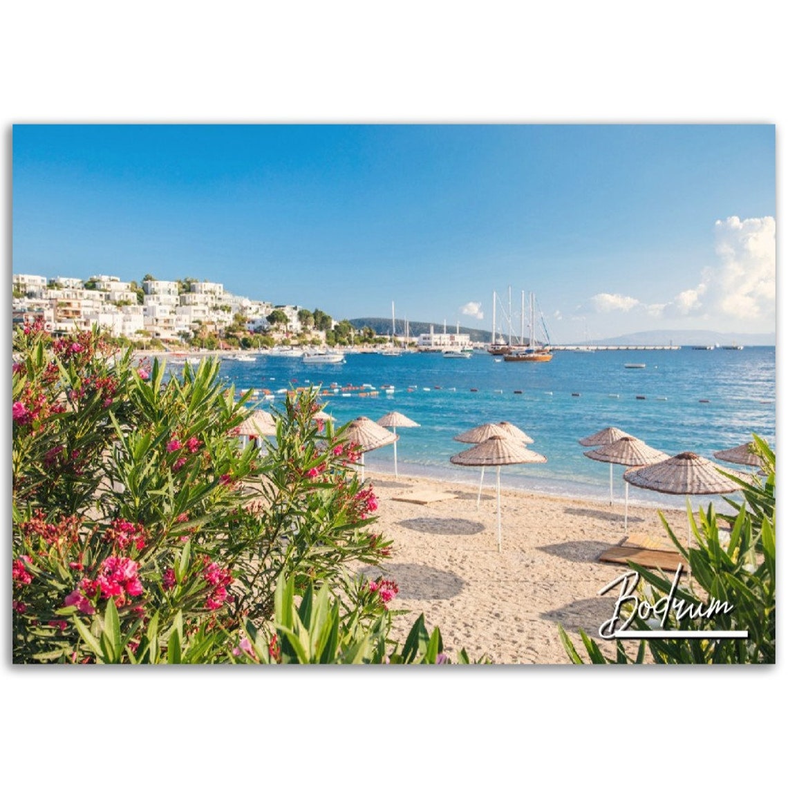 Bodrum Turkey Sandy Beach Umbrellas Turquoise Sea Travel Poster