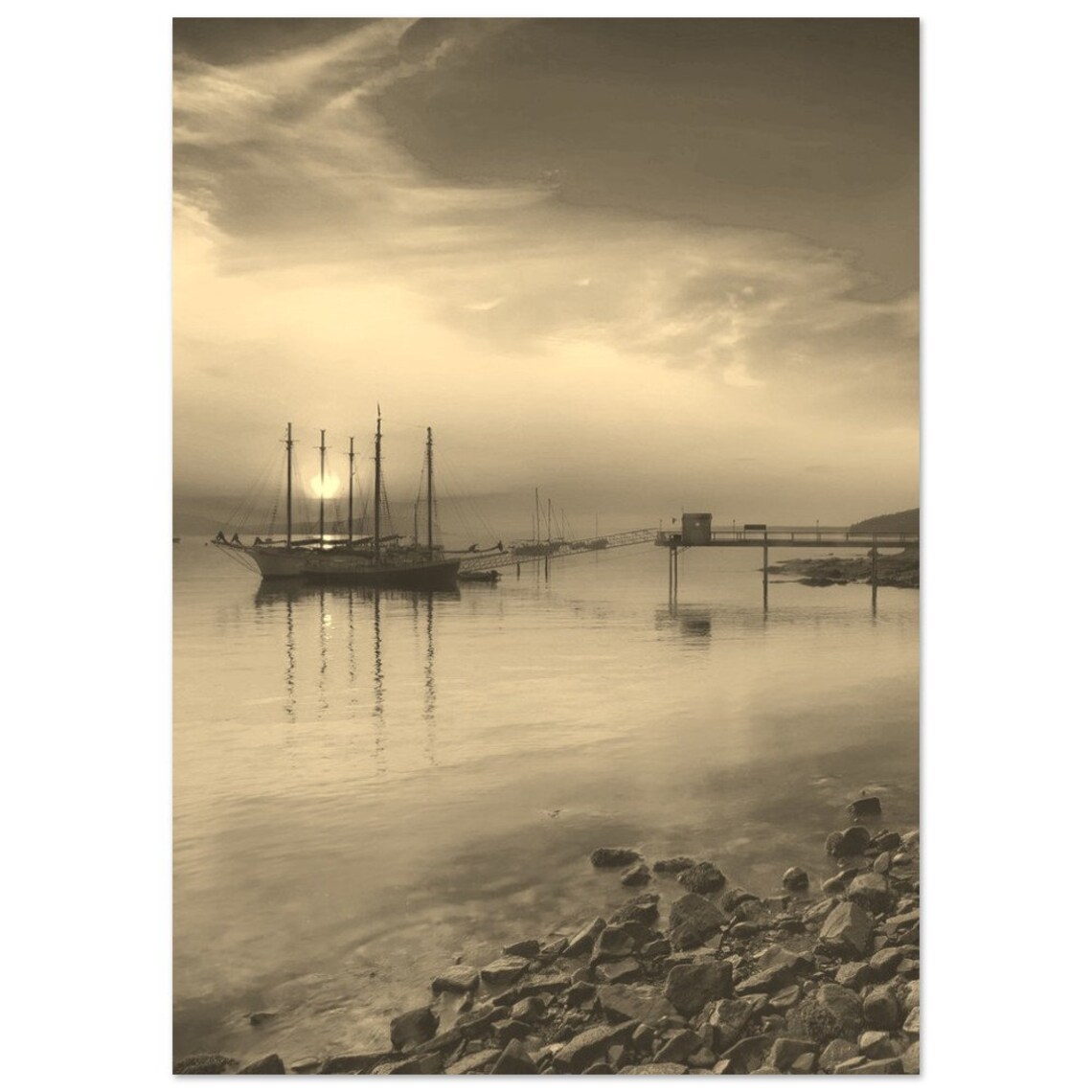Vintage Bar Harbor Maine Tall Ship Sunset Sepia Coastal Photo Poster