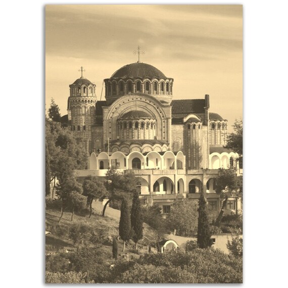 Vintage Thessaloniki Greece Travel Poster, Sepia Church