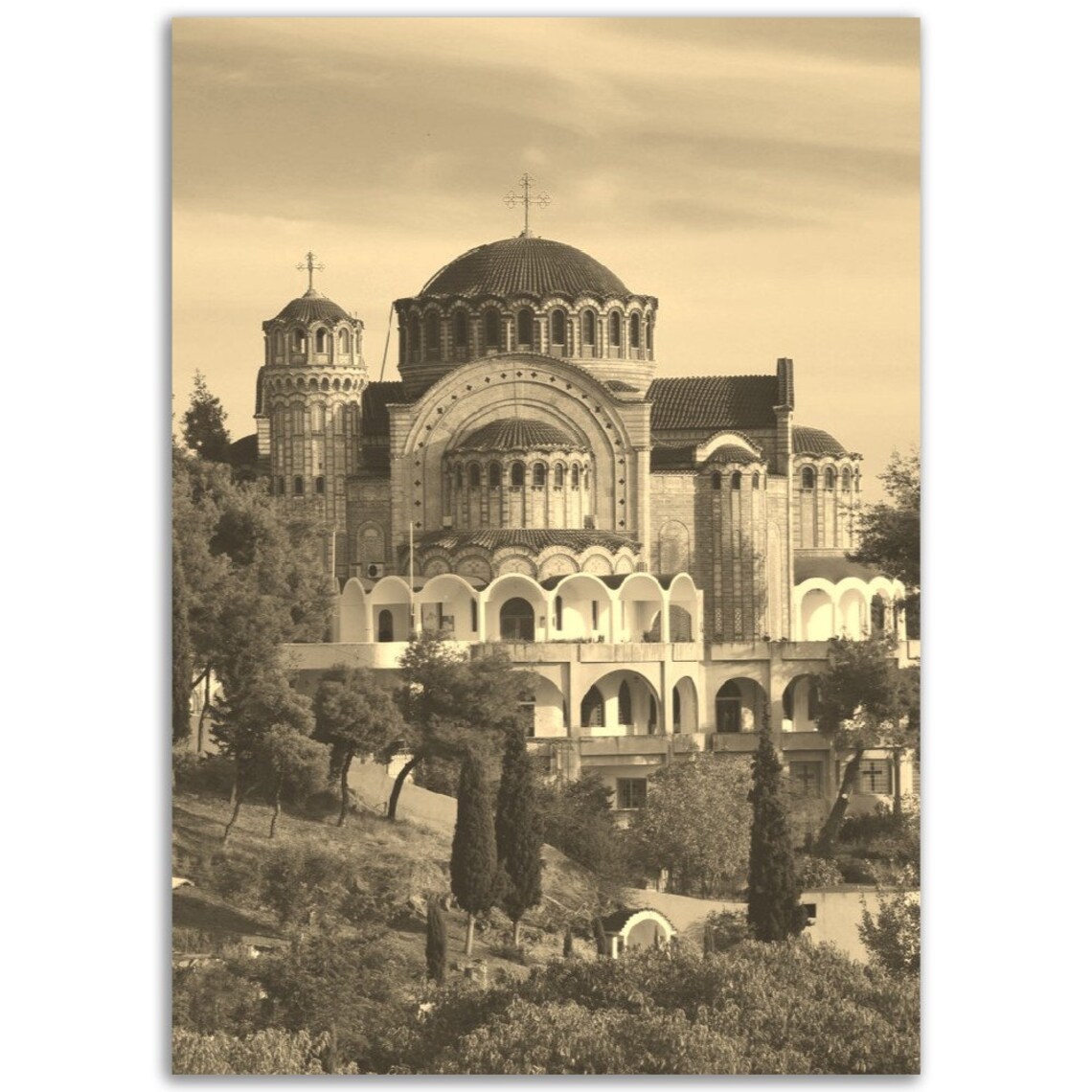 Vintage Thessaloniki Greece Travel Poster, Sepia Church