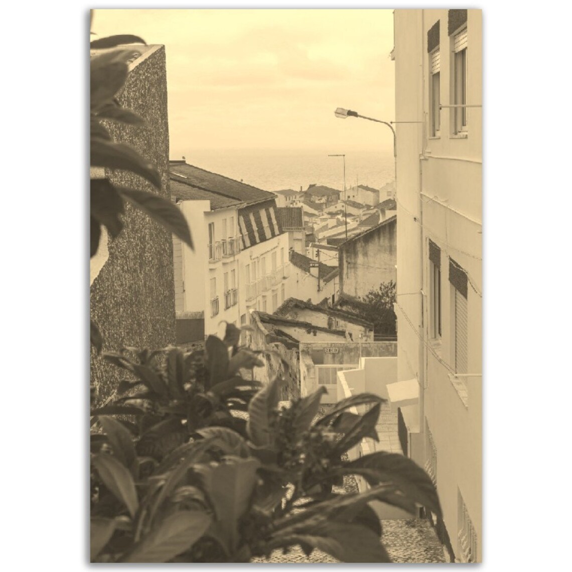 Vintage Nazare Portugal Coastal Town Hilltop Sepia Travel Poster