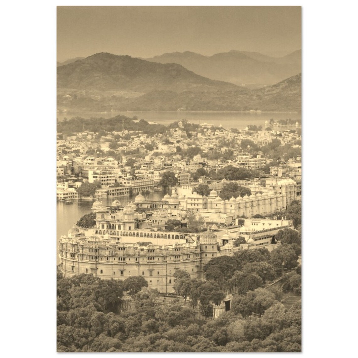 Vintage Udaipur India City Palace Lake Sepia Travel Photo Poster