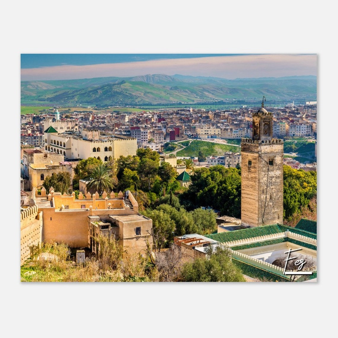 Fez Morocco Old City Minaret Panorama Green Hills Travel Poster