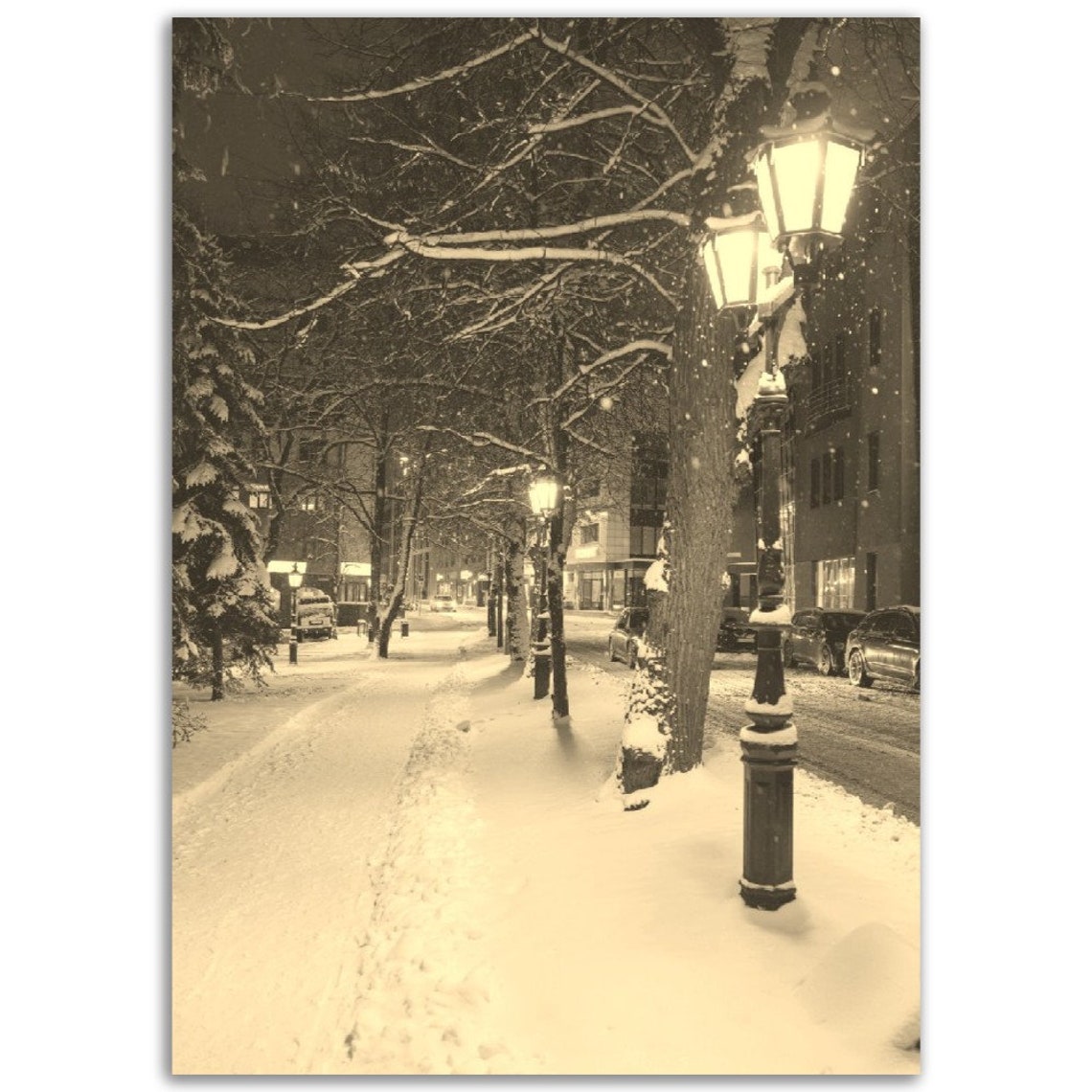 Tartu Winter Night Snow Street Lamp Posts Sepia Photo Poster