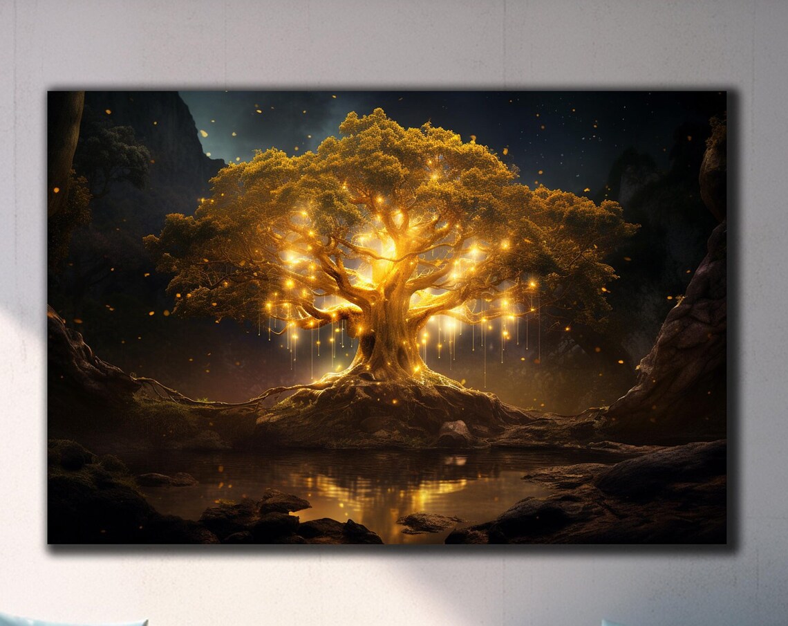 Glowing Golden Tree Night Pond Fireflies Enchanted Wall Art Poster