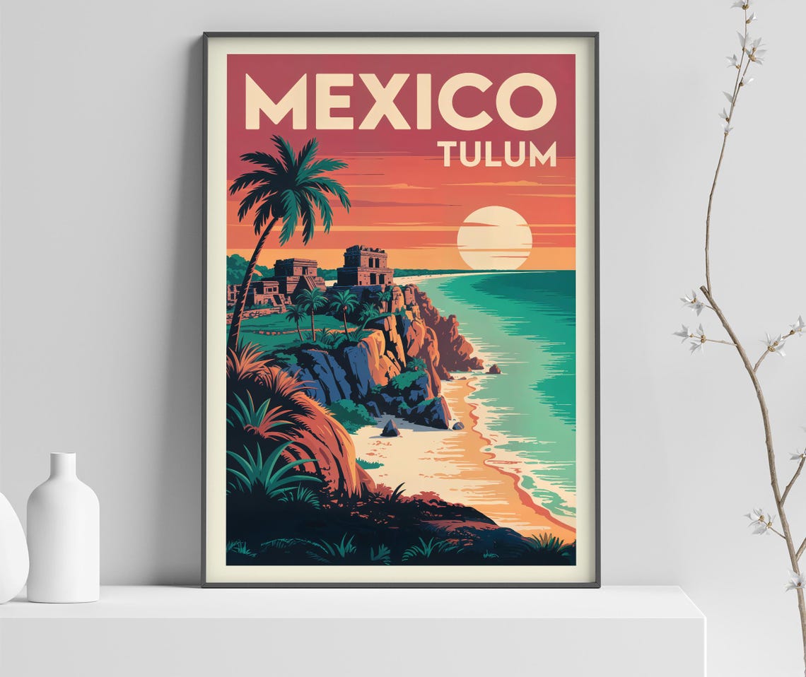 Mexico Tulum Sunset Ruins Cliff Palm Beach Retro Travel Poster
