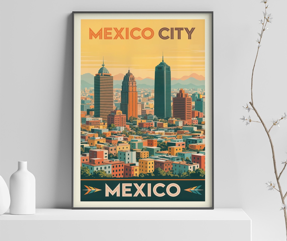 Mexico City Modern Skyscrapers Desert Skyline Vintage Travel Poster