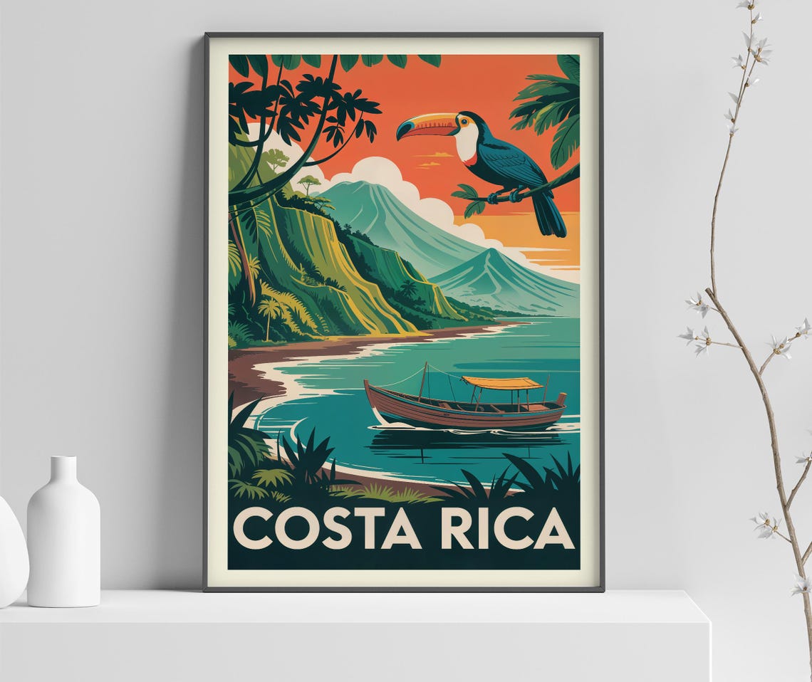 Costa Rica Toucan Beach Boat Tropical Jungle Vintage Travel Poster