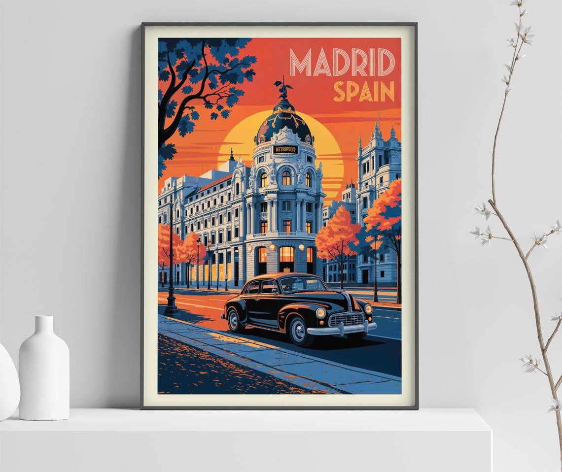 Madrid Spain Metropolis Building Classic Car Sunset Travel Poster