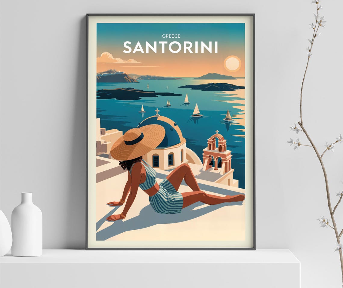 Greece Santorini Sunset Terrace Scene Art Vintage Travel Poster