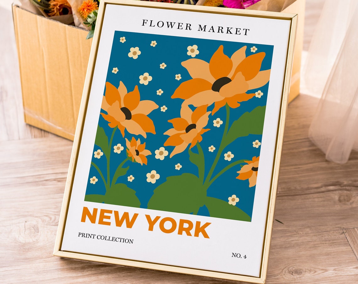 New York Flower Market Sunflowers Botanical Retro City Art Poster