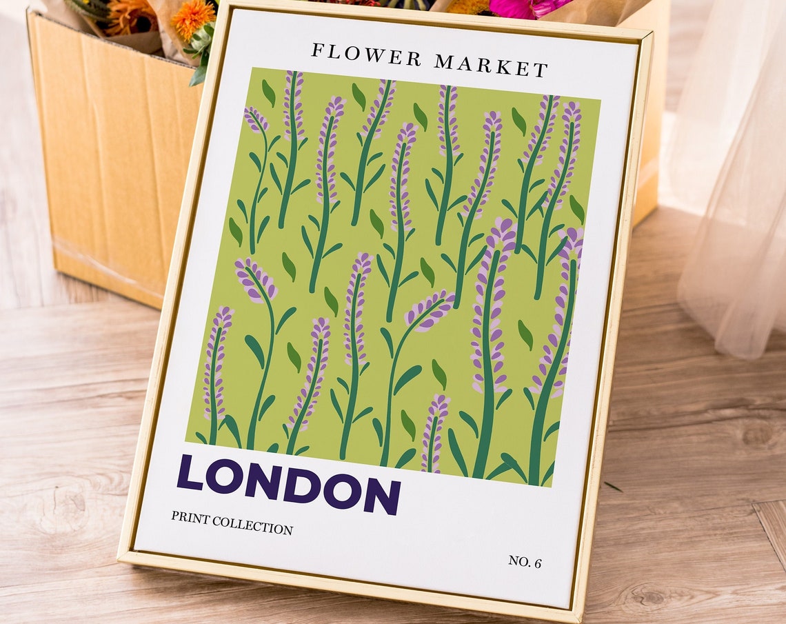 London Flower Market Lavender Sprigs Botanical Retro City Art Poster