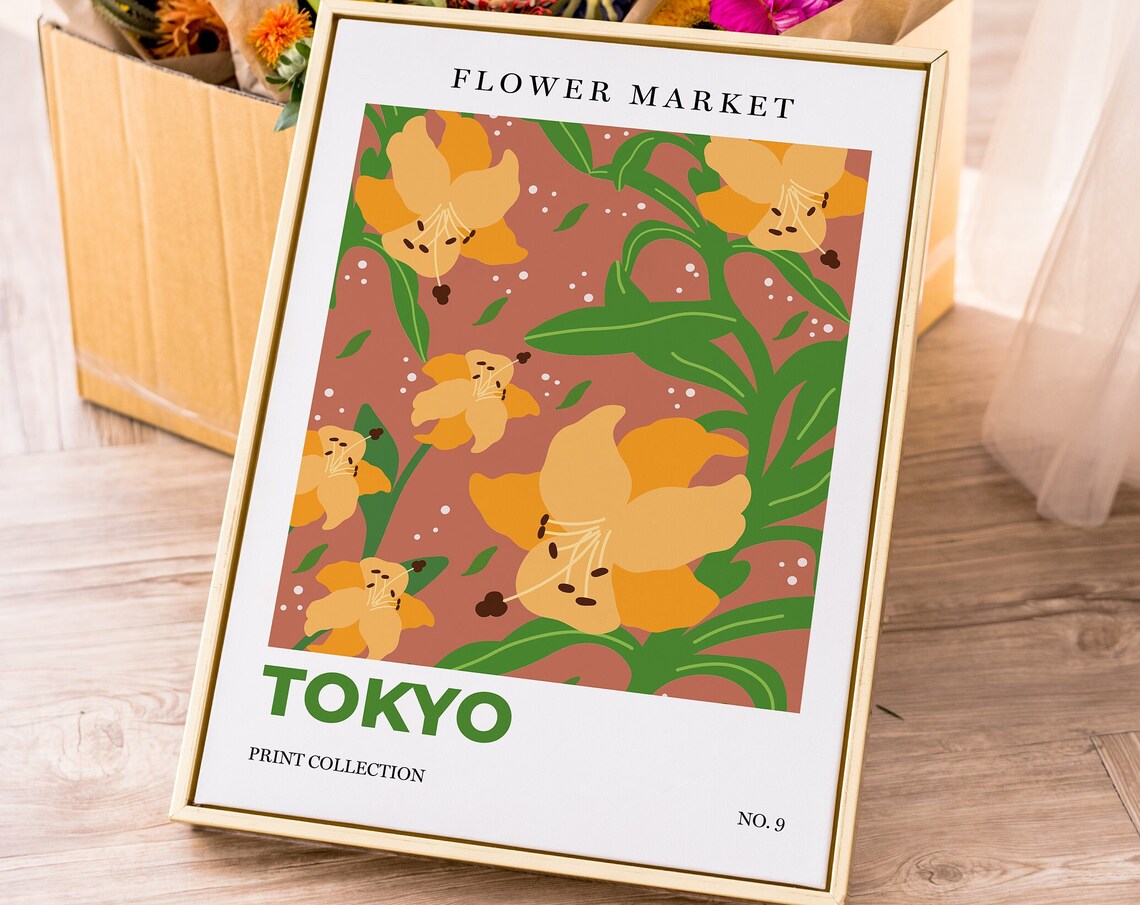 Tokyo Flower Market Yellow Lilies Botanical Retro City Art Poster