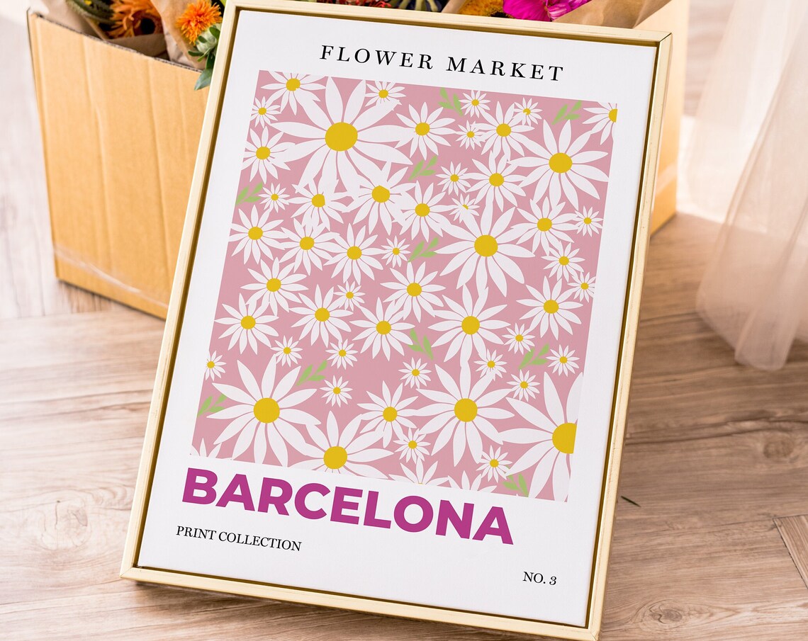 Barcelona Flower Market White Daisies Botanical Retro City Art Poster