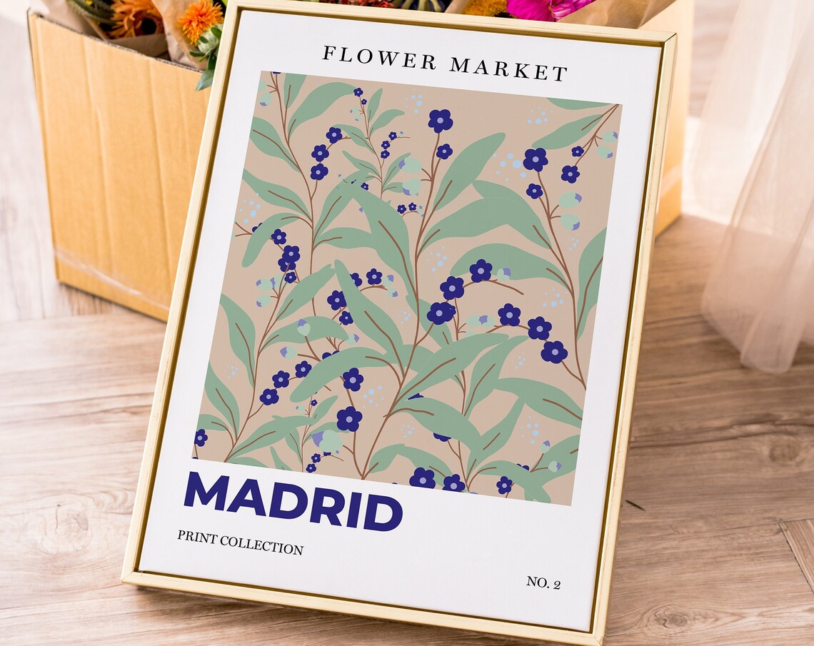 Madrid Flower Market Blue Berries Botanical Retro City Art Poster