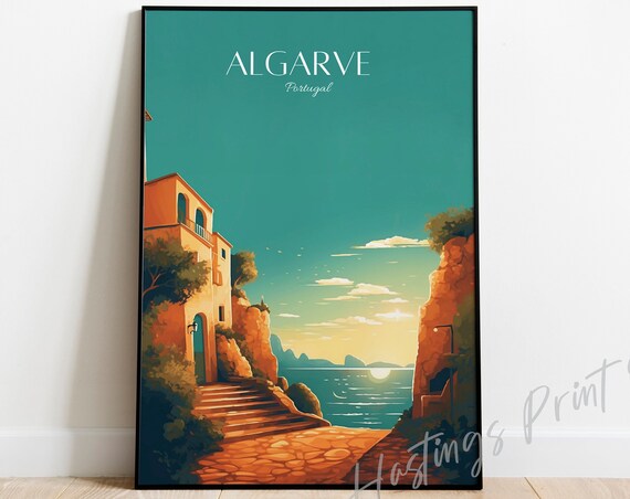 Algarve Portugal Coastal Cliffs Vintage Travel Poster Golden Sunset