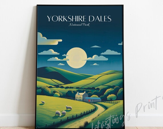 Yorkshire Dales National Park Moonlit Hills Farm Vintage Travel Poster