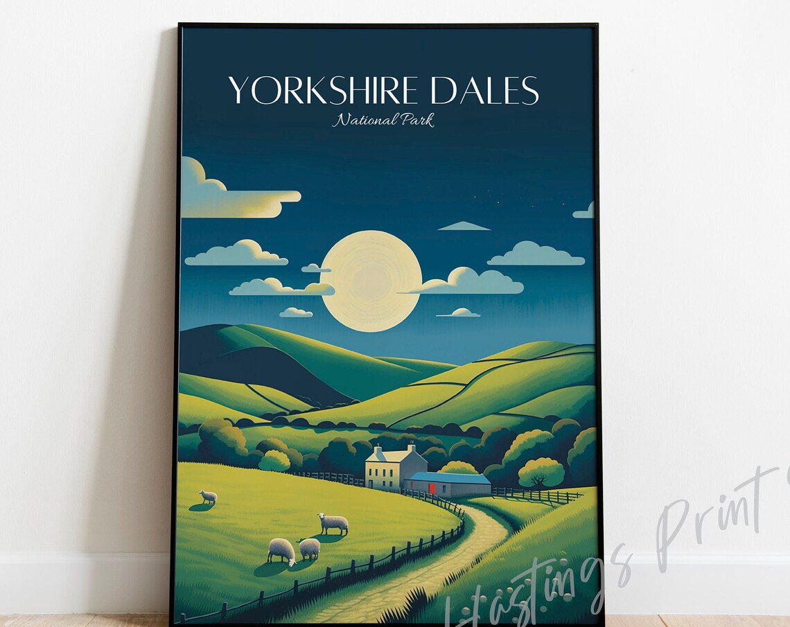 Yorkshire Dales National Park Moonlit Hills Farm Vintage Travel Poster