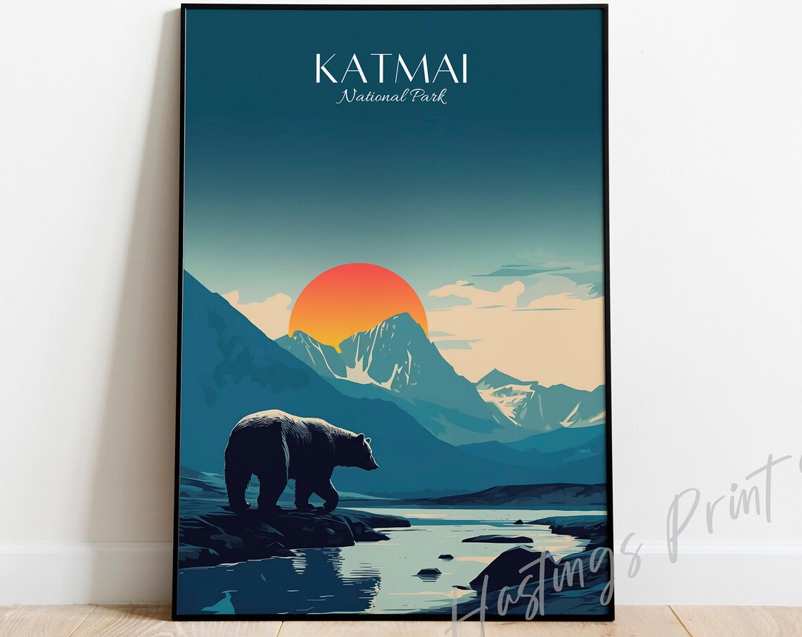 Katmai National Park Bear Mountain Lake Sunset Vintage Travel Poster