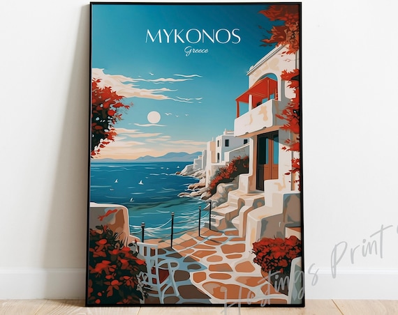 Mykonos Greece Travel Poster Seaside Houses Aegean View Art Illustration
