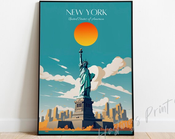 New York Statue of Liberty Big Orange Sun Vintage Travel Poster