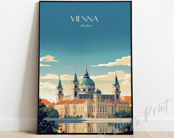 Vienna Austria Historic Palace Vintage Travel Poster Teal Sky View
