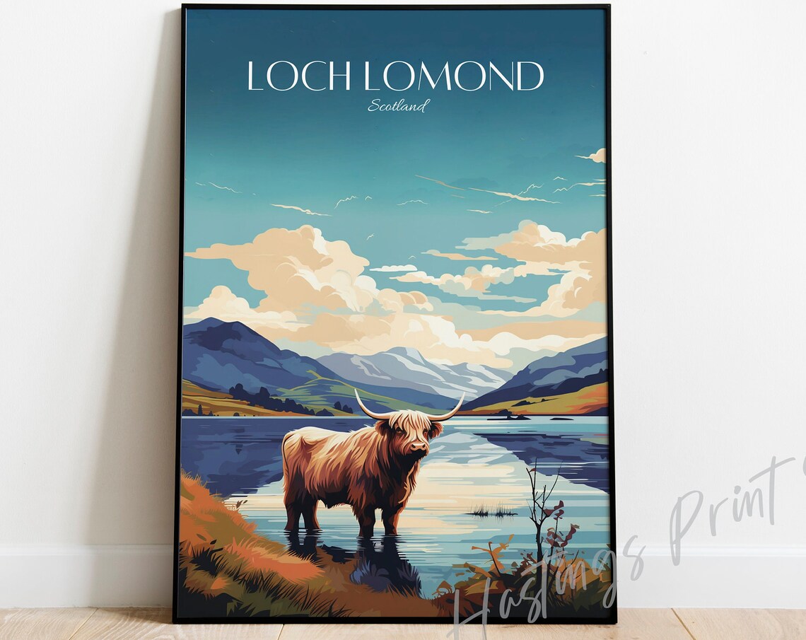 Loch Lomond Scotland Highland Cow Vintage Mountain Lake Travel Poster