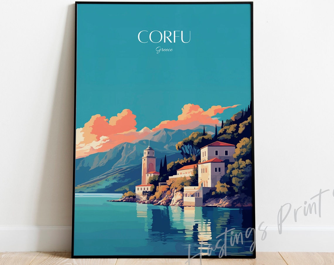 Corfu Greece Old Town Waterfront Bell Tower Sunset Travel Poster