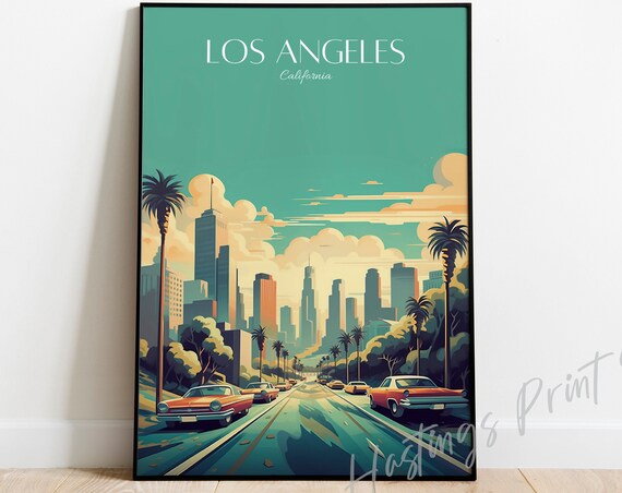 Los Angeles California Retro Downtown Palm Trees Travel Poster