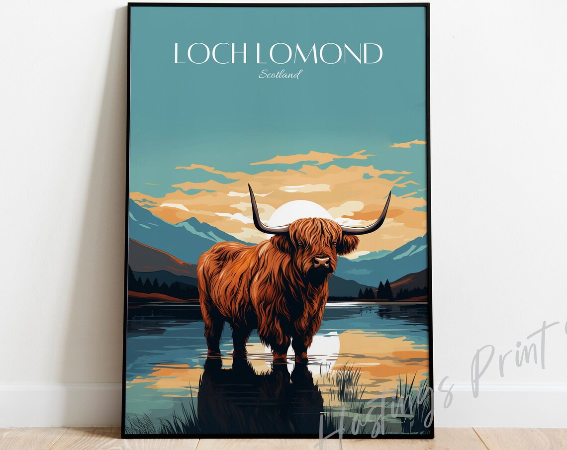 Loch Lomond Scotland Highland Cow Sunset Vintage Travel Poster