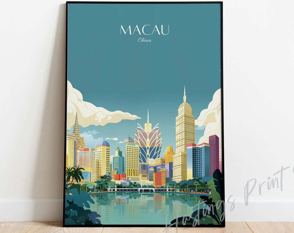 Macau China Skyline Vintage Travel Poster Modern Cityscape View
