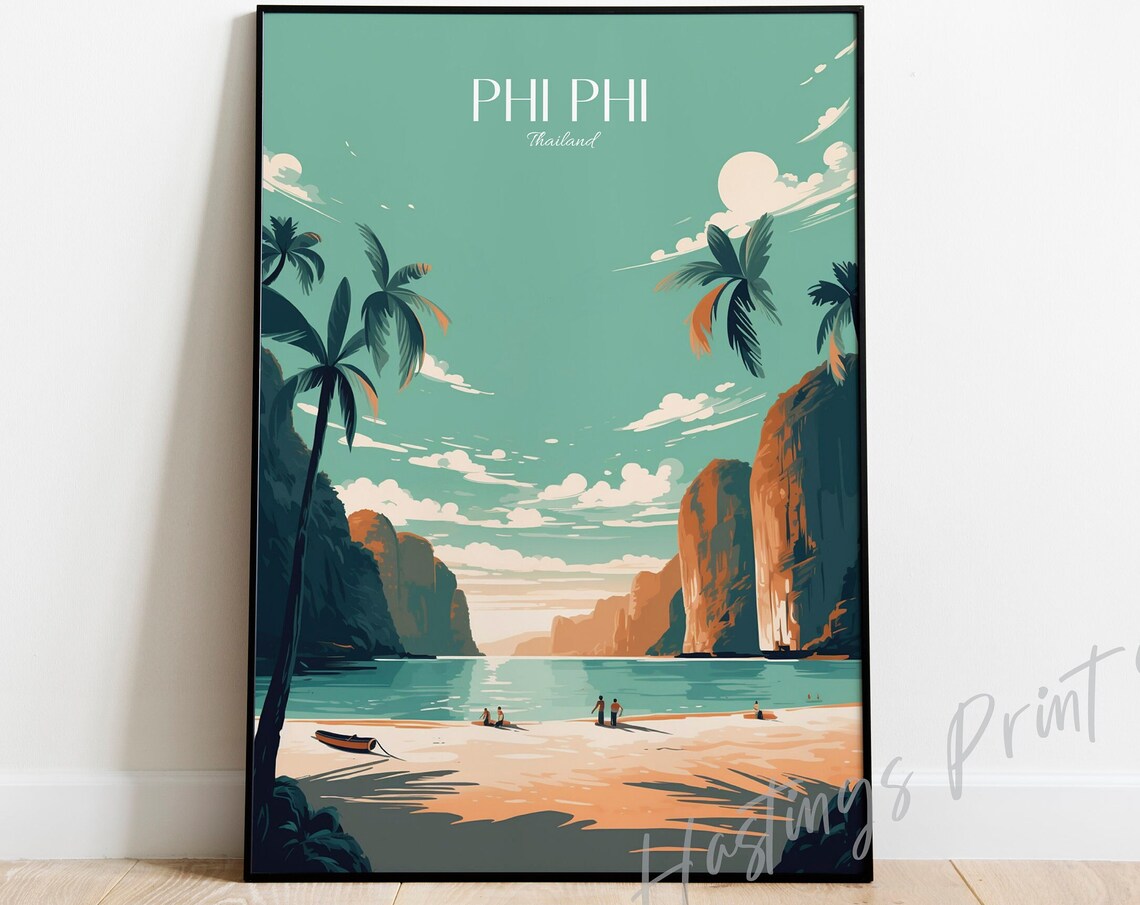 Phi Phi Thailand Vintage Travel Poster Tropical Beach Cliff Cove Art