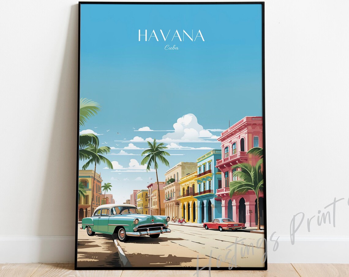 Havana Cuba Travel Poster Classic Cars Colonial Street Vintage City Art