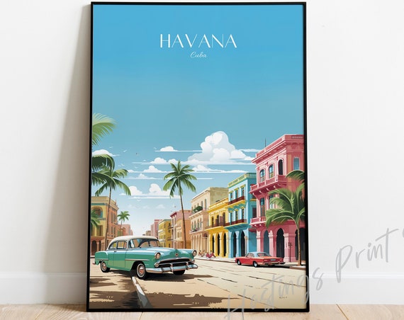 Havana Travel Print Vintage Car Colorful Architecture