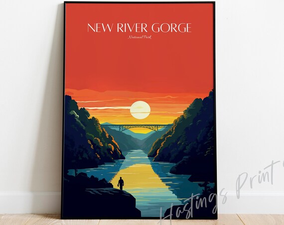 New River Gorge National Park Sunset Bridge Vintage Red Sky Poster