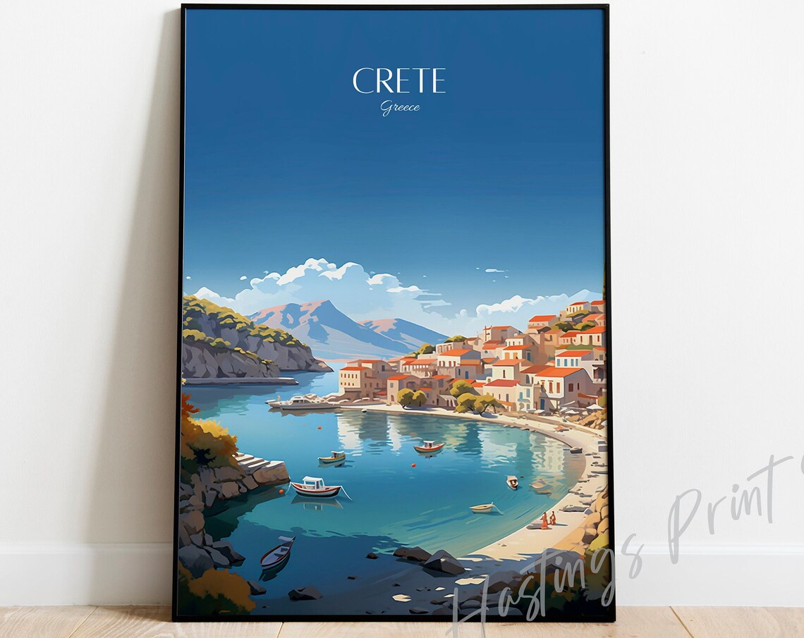 Crete Greece Harbor Fishing Boats Whitewashed Town Travel Poster