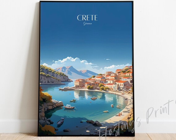 Crete Greece Harbor Fishing Boats Whitewashed Town Travel Poster