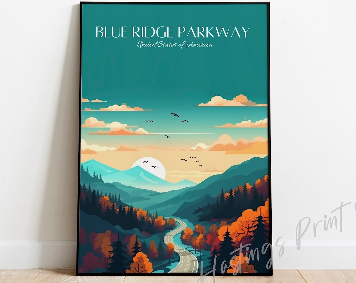 Blue Ridge Parkway Vintage Travel Poster USA Autumn Mountain Road
