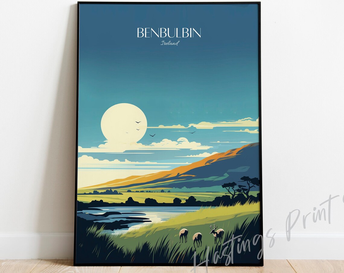 Benbulbin Ireland Vintage Travel Poster Moonlit Mountain Deer View