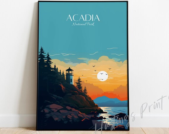 Acadia National Park Lighthouse Rocky Coast Sunset Travel Poster