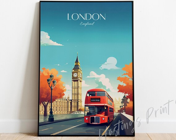 London Travel Print Vintage Skyline Art Custom Text Available