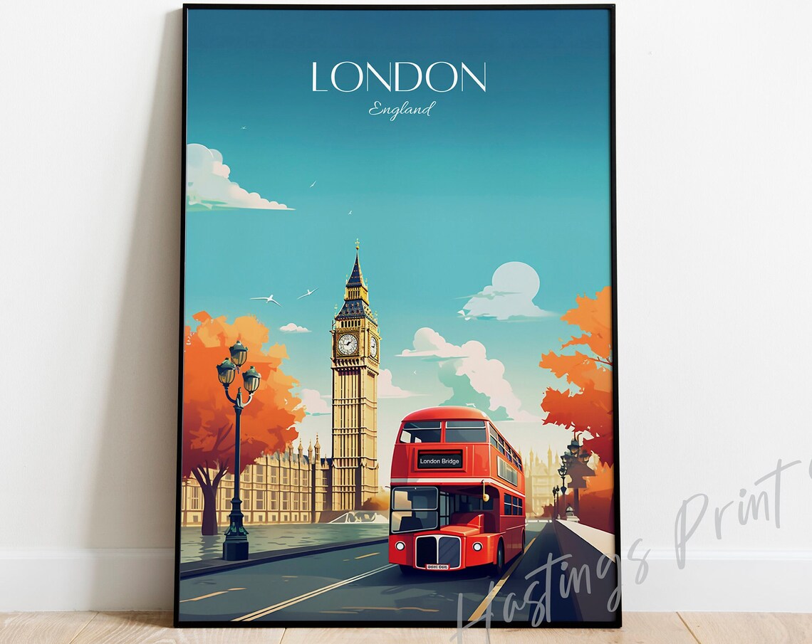 London Travel Print Vintage Skyline Art Custom Text Available