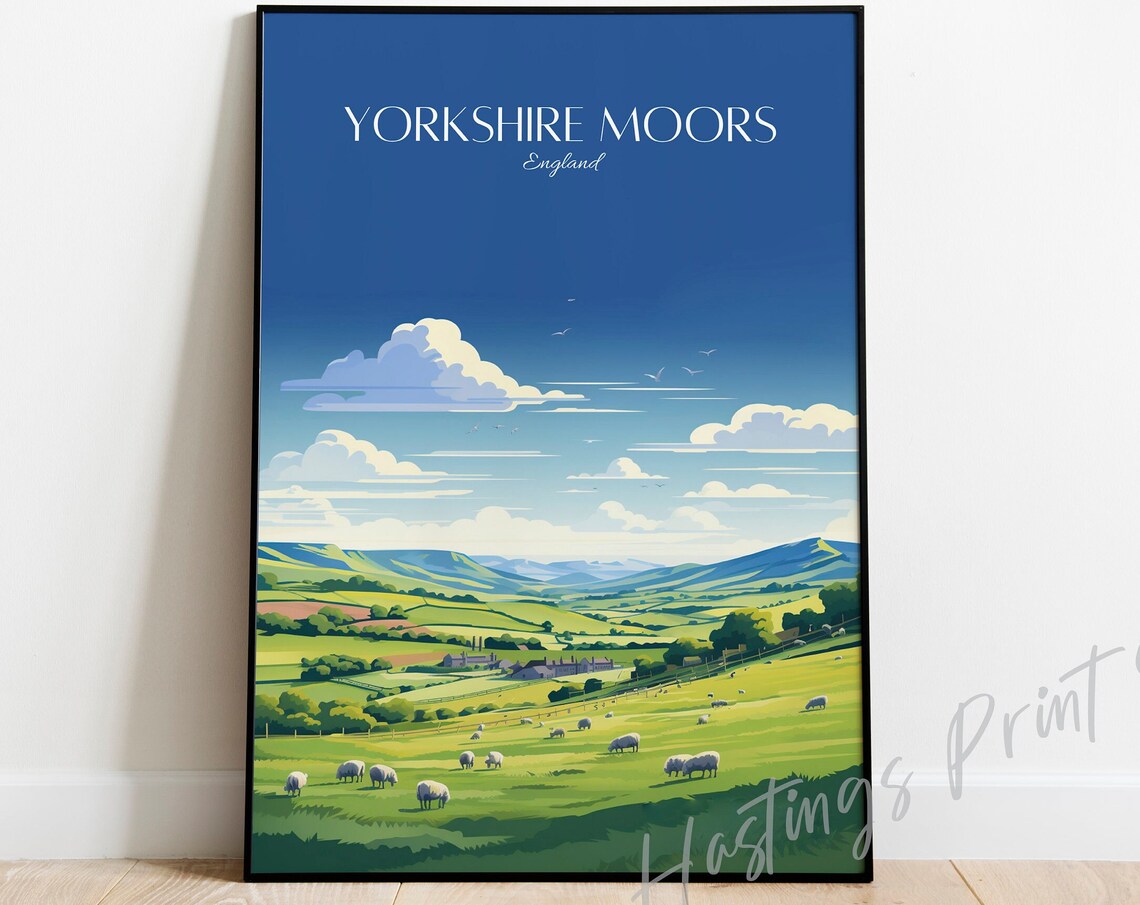 Yorkshire Moors England Rolling Hills Sheep Vintage Travel Poster