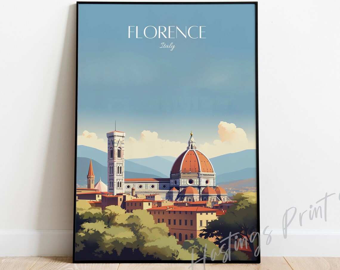 Florence Italy Travel Poster Cathedral Dome Bell Tower City View