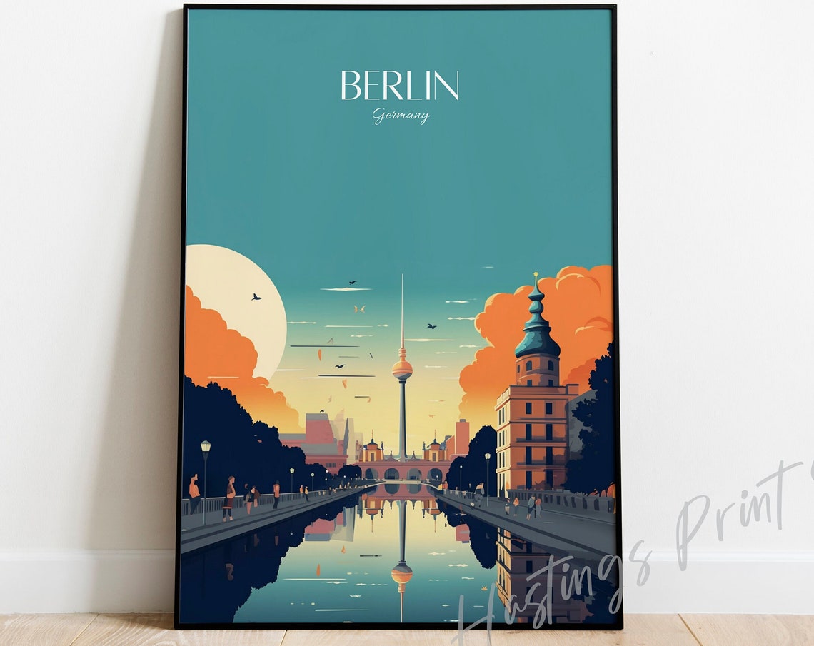 Berlin Germany Travel Poster TV Tower Sunset Reflection City Skyline